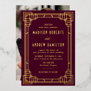 Modern Art Deco Wedding Wine and Gold Foil Invitation