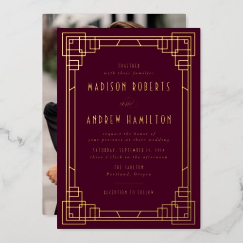 Modern Art Deco Wedding Wine and Gold Foil Invitation