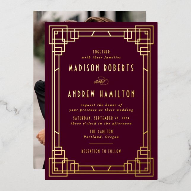 Modern Art Deco Wedding Wine and Gold Foil Invitation (Front/Back)