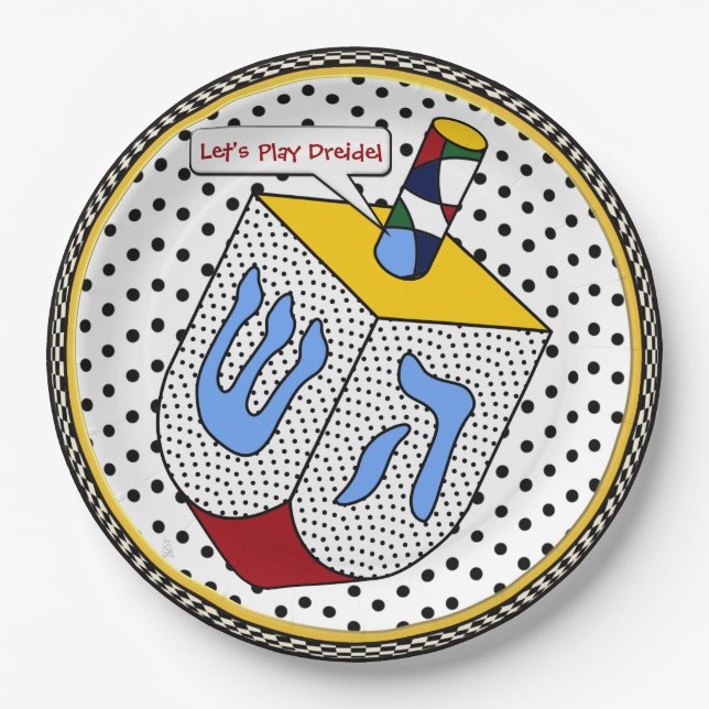 Modern Art Dreidel Gone Dotty (Personalized) Paper Plates (Front)