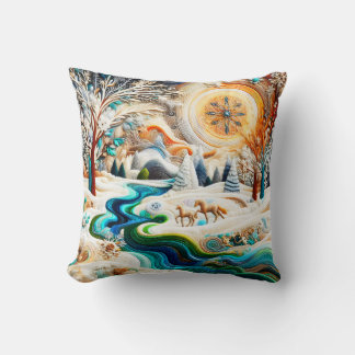 Modern Art Embroidered Horses in Winter Landscape Throw Pillow