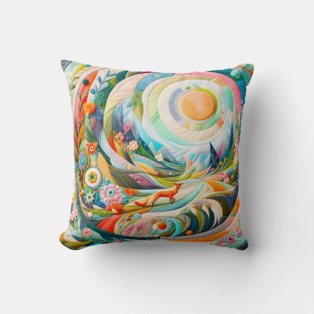 Modern Art Embroidered Look Spring Landscape Throw Pillow (Front)