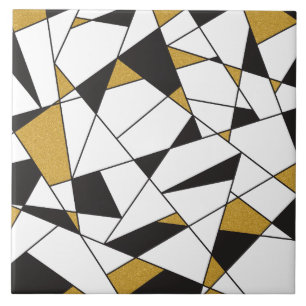 Modern Art Geometry -black and white with gold- Ceramic Tile