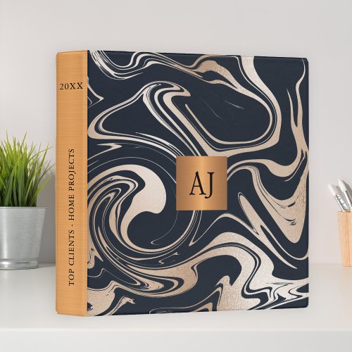 Modern art marble painting black gold monogrammed 3 ring binder