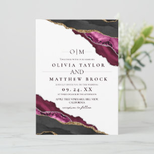 Modern Art Maroon Black and White Agate Wedding Invitation