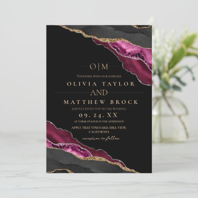 Modern Art Maroon Black Gold Agate Wedding Invitation (Standing Front)