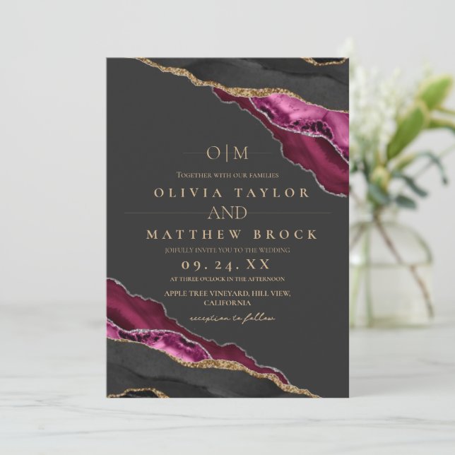 Modern Art Maroon Gray Silver Agate Wedding Invitation (Standing Front)