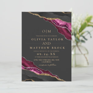 Modern Art Maroon Gray Silver Agate Wedding Invitation