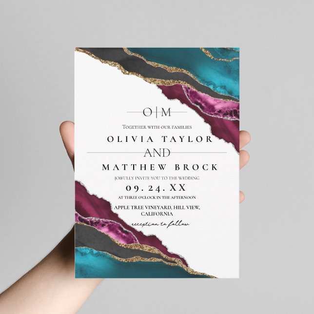 Modern Art Maroon Gray Turquoise Agate Wedding Invitation (Creator Uploaded)