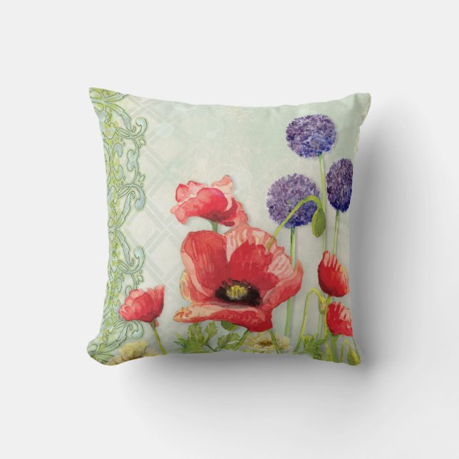 Modern Art Nouveau Red Poppy Purple Geometric Art Throw Pillow (Front)