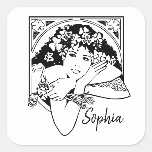 Modern Art nouveau style shamrock girl black white Square Sticker