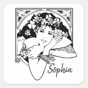 Modern Art nouveau style shamrock girl black white Square Sticker