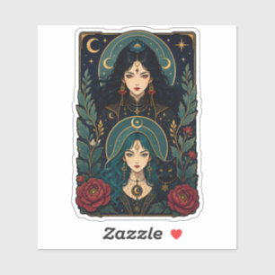 Modern Art Nouveau Witch Sisters and Cat Familiar Sticker