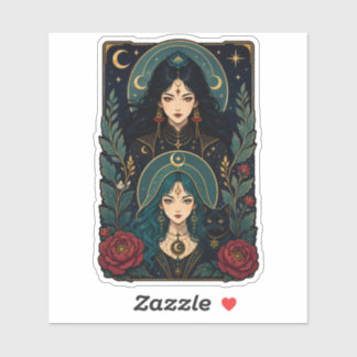 Modern Art Nouveau Witch Sisters and Cat Familiar Sticker