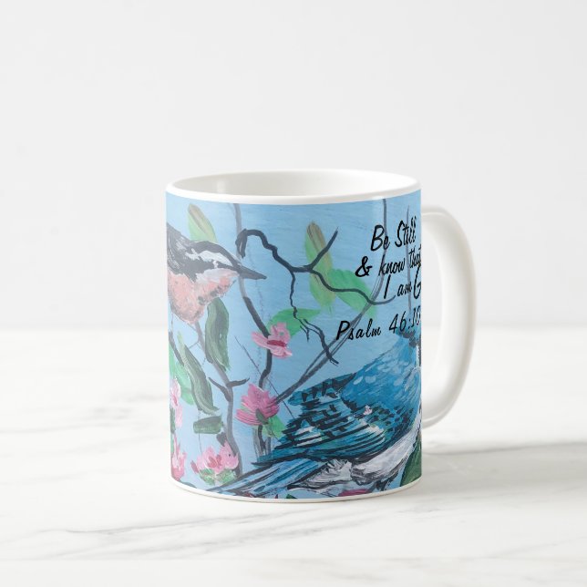 Modern Art Pinks and Blue Birds with Bible Verse Coffee Mug (Front Right)