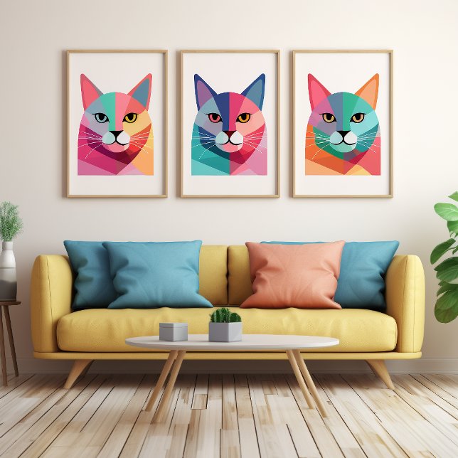 Modern art poster with a colorful Cat 1  (1 of a series of 3 available cat posters)