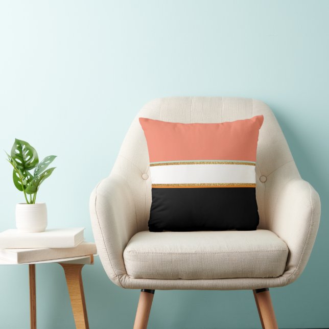 Modern Art Print Lines and Gold | Peach and Black Throw Pillow (Chair)