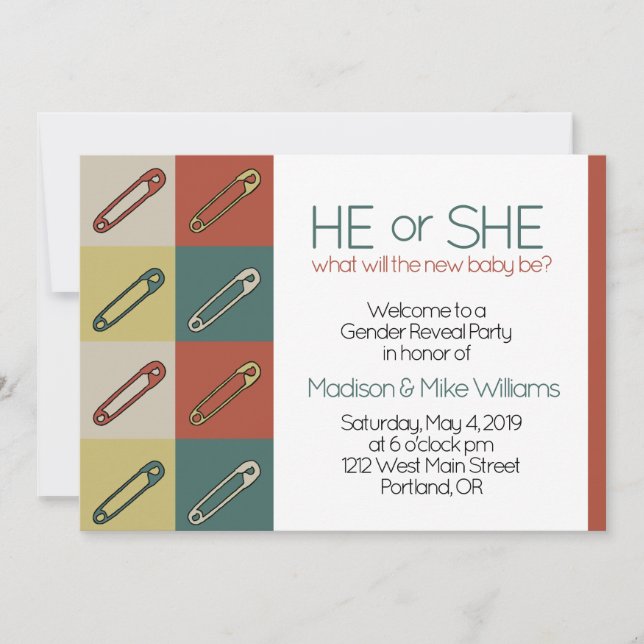 Modern Art Safety/Diaper pin Gender Neutral Reveal Invitation (Front)