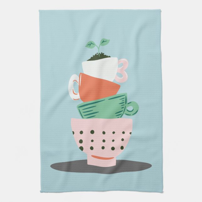 Modern Art Stacked Cups and Plant Kitchen Towel (Vertical)