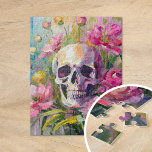 Modern Art Still Life Abstract Skull and Flowers Jigsaw Puzzle<br><div class="desc">A modern impressionist-style painting depicting a still life of a skull surrounded by vibrant flowers in bright pastel colors. The soft yet lively brushstrokes blend shades of pink, green, blue, and yellow, creating a contrast between the delicate florals and the stark, symbolic skull. This artwork offers a fresh take on...</div>