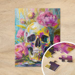 Modern Art Still Life Abstract Skull and Flowers Jigsaw Puzzle<br><div class="desc">A modern impressionist-style painting depicting a still life of a skull surrounded by vibrant flowers in bright pastel colors. The soft yet lively brushstrokes blend shades of pink, green, blue, and yellow, creating a contrast between the delicate florals and the stark, symbolic skull. This artwork offers a fresh take on...</div>