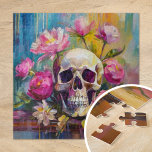 Modern Art Still Life Abstract Skull and Flowers Jigsaw Puzzle<br><div class="desc">A modern impressionist-style painting depicting a still life of a skull surrounded by vibrant flowers in bright pastel colors. The soft yet lively brushstrokes blend shades of pink, green, blue, and yellow, creating a contrast between the delicate florals and the stark, symbolic skull. This artwork offers a fresh take on...</div>