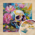 Modern Art Still Life Abstract Skull and Flowers Jigsaw Puzzle<br><div class="desc">A modern impressionist-style painting depicting a still life of a skull surrounded by vibrant flowers in bright pastel colors. The soft yet lively brushstrokes blend shades of pink, green, blue, and yellow, creating a contrast between the delicate florals and the stark, symbolic skull. This artwork offers a fresh take on...</div>