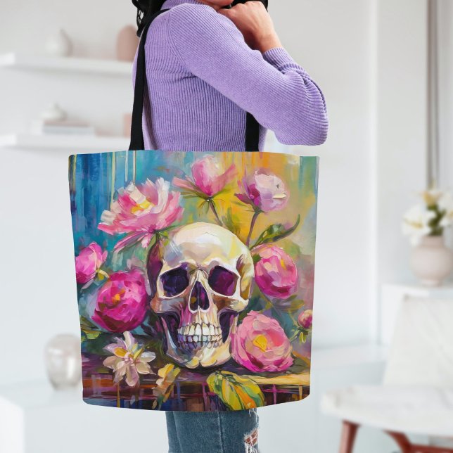 Modern Art Still Life Abstract Skull and Flowers Tote Bag (Creator Uploaded)