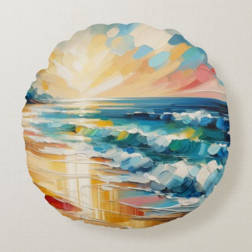 Modern Art Sunrise Over Beach  Round Pillow