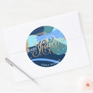 Modern Art Surprise Boy Gold Lettering Baby Shower Classic Round Sticker