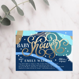 Modern Art Surprise Boy Gold Lettering Baby Shower Invitation