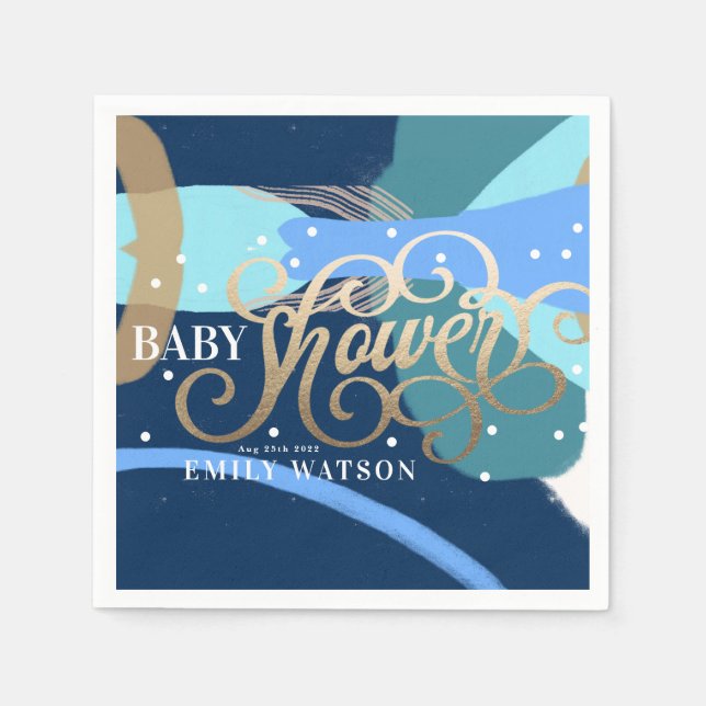 Modern Art Surprise Boy Gold Lettering Baby Shower Napkins (Front)