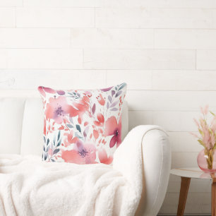 Modern Art Teal, Coral, Plum Floral Throw Pillow