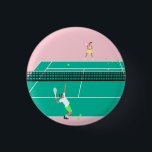 Modern Art Tennis Match Player Pink Green   Button<br><div class="desc">Modern tennis match illustration of a two tennis players on a pastel pink and green tennis court. Summer abstract classic preppy tennis illustration design. Modern trendy tennis gifts for him and her. Personalized Gift for a tennis player. Trendy tennis theme players home decor. Trendy modern tennis themed player gifts. Cool...</div>
