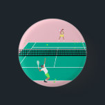 Modern Art Tennis Match Player Pink Green   Button<br><div class="desc">Modern tennis match illustration of a two tennis players on a pastel pink and green tennis court. Summer abstract classic preppy tennis illustration design. Modern trendy tennis gifts for him and her. Personalized Gift for a tennis player. Trendy tennis theme players home decor. Trendy modern tennis themed player gifts. Cool...</div>