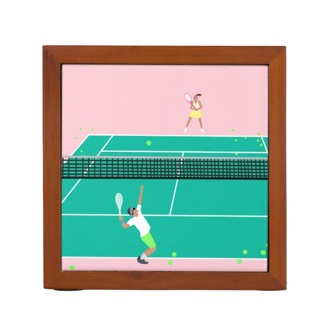 Modern Art Tennis Match Player Pink Green   Desk Organizer (Front)