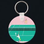 Modern Art Tennis Match Player Pink Green   Keychain<br><div class="desc">Modern tennis match illustration of a two tennis players on a pastel pink and green tennis court. Summer abstract classic preppy tennis illustration design. Modern trendy tennis gifts for him and her. Personalized Gift for a tennis player. Trendy tennis theme players home decor. Trendy modern tennis themed player gifts. Cool...</div>