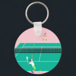 Modern Art Tennis Match Player Pink Green   Keychain<br><div class="desc">Modern tennis match illustration of a two tennis players on a pastel pink and green tennis court. Summer abstract classic preppy tennis illustration design. Modern trendy tennis gifts for him and her. Personalized Gift for a tennis player. Trendy tennis theme players home decor. Trendy modern tennis themed player gifts. Cool...</div>