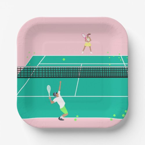 Modern Art Tennis Match Player Pink Green   Paper Plates