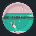 Modern Art Tennis Match Player Pink Green   Paper Plates<br><div class="desc">Modern tennis match illustration of a two tennis players on a pastel pink and green tennis court. Summer abstract classic preppy tennis illustration design. Modern trendy tennis gifts for him and her. Personalized Gift for a tennis player. Trendy tennis theme players home decor. Trendy modern tennis themed player gifts. Cool...</div>