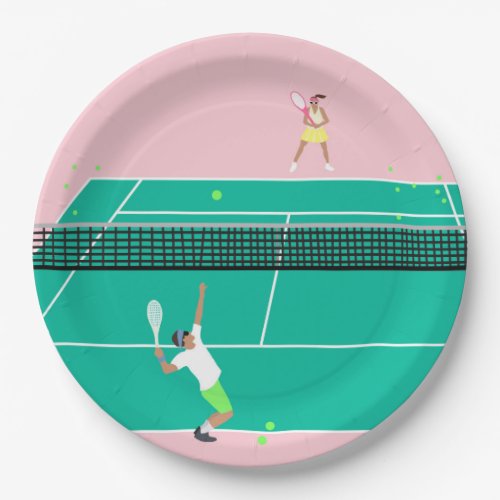 Modern Art Tennis Match Player Pink Green   Paper Plates