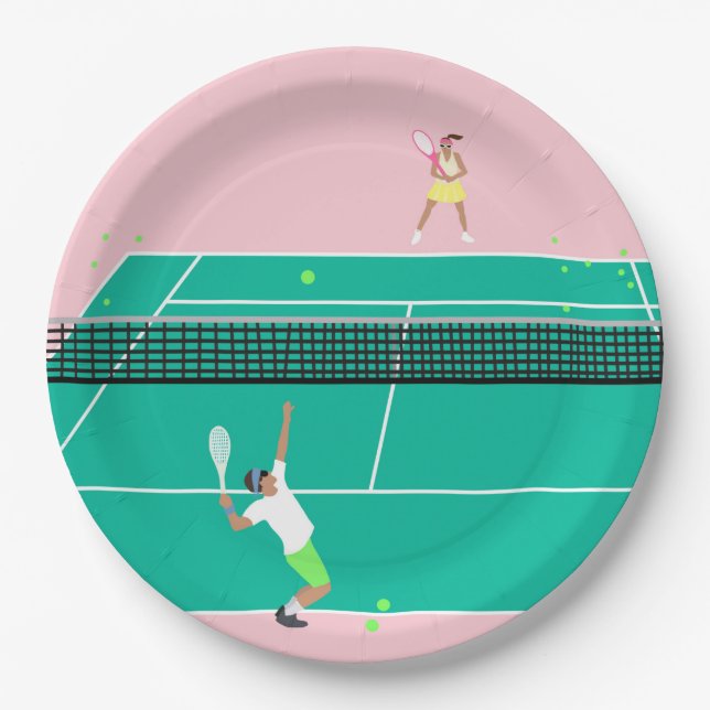 Modern Art Tennis Match Player Pink Green   Paper Plates (Front)