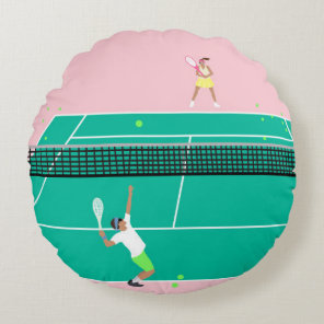 Modern Art Tennis Match Player Pink Green   Round Pillow