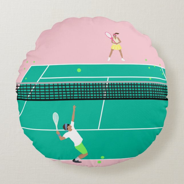 Modern Art Tennis Match Player Pink Green   Round Pillow (Front)