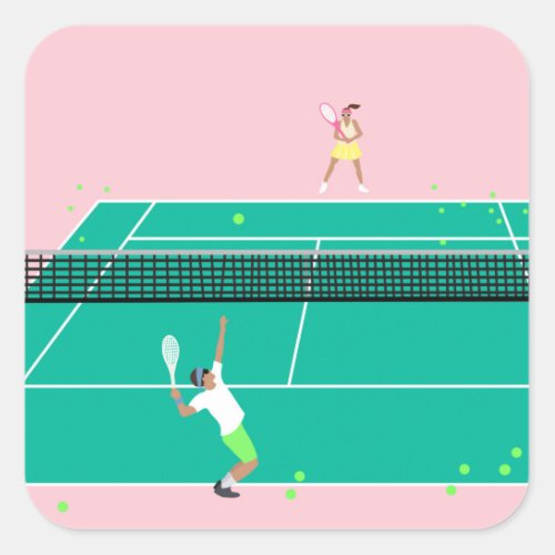 Modern Art Tennis Match Player Pink Green   Square Sticker
