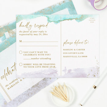 Modern Art Turquoise Lavender Gold  Rsvp  Postcard by TheSpottedOlive at Zazzle