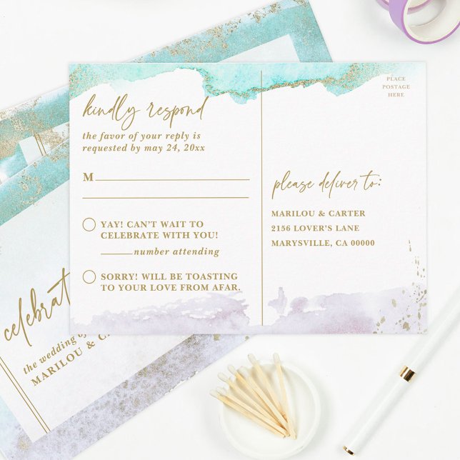 Modern Art Turquoise Lavender Gold  RSVP  Postcard (Creator Uploaded)
