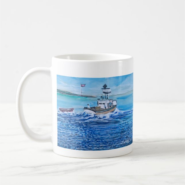 Modern Art White and Sea Blue Fishermen Coffee Mug (Left)