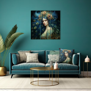 Modern Art with Woman and Peacock Feathers