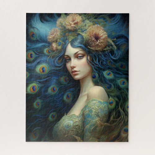 Modern Art with Woman and Peacock Feathers Jigsaw Puzzle